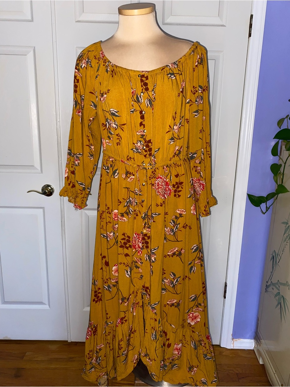 Boho Mustard Floral Maxi Dress with Long Sleeves